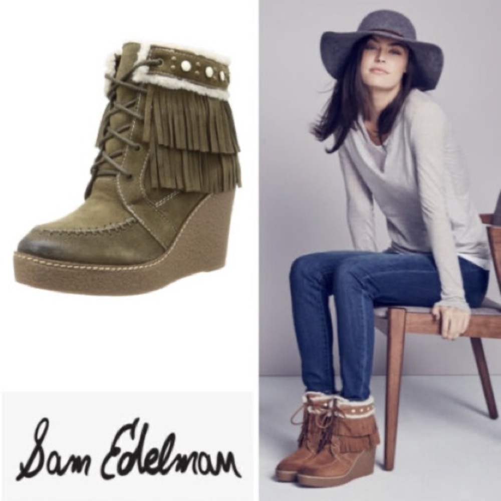Sam Edelman olive green fringe suede leather shearling booties 4” platform wedge